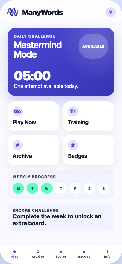 ManyWords home screen showing Daily Challenge, Training, Archive, Leaderboards, Achievements, and Settings.